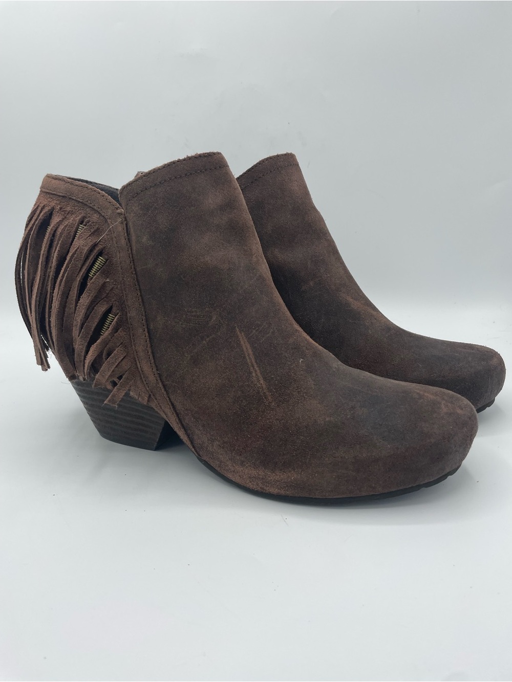 OTBT Folkloric Brown Suede Fringe Ankle Booties.